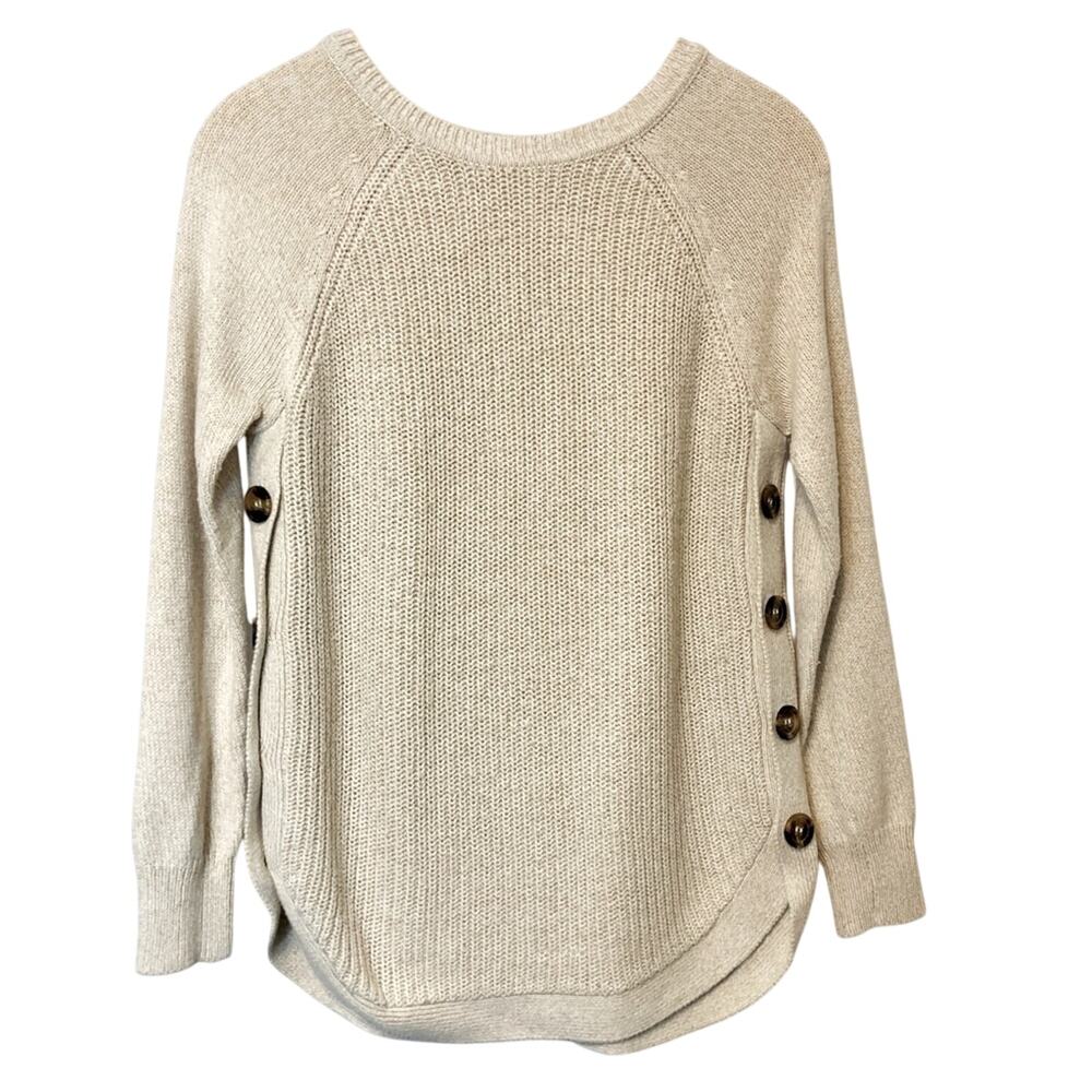 RD Style Knit Cotton Blend Cream Buttons Crew Neck Pullover Sweater Medium